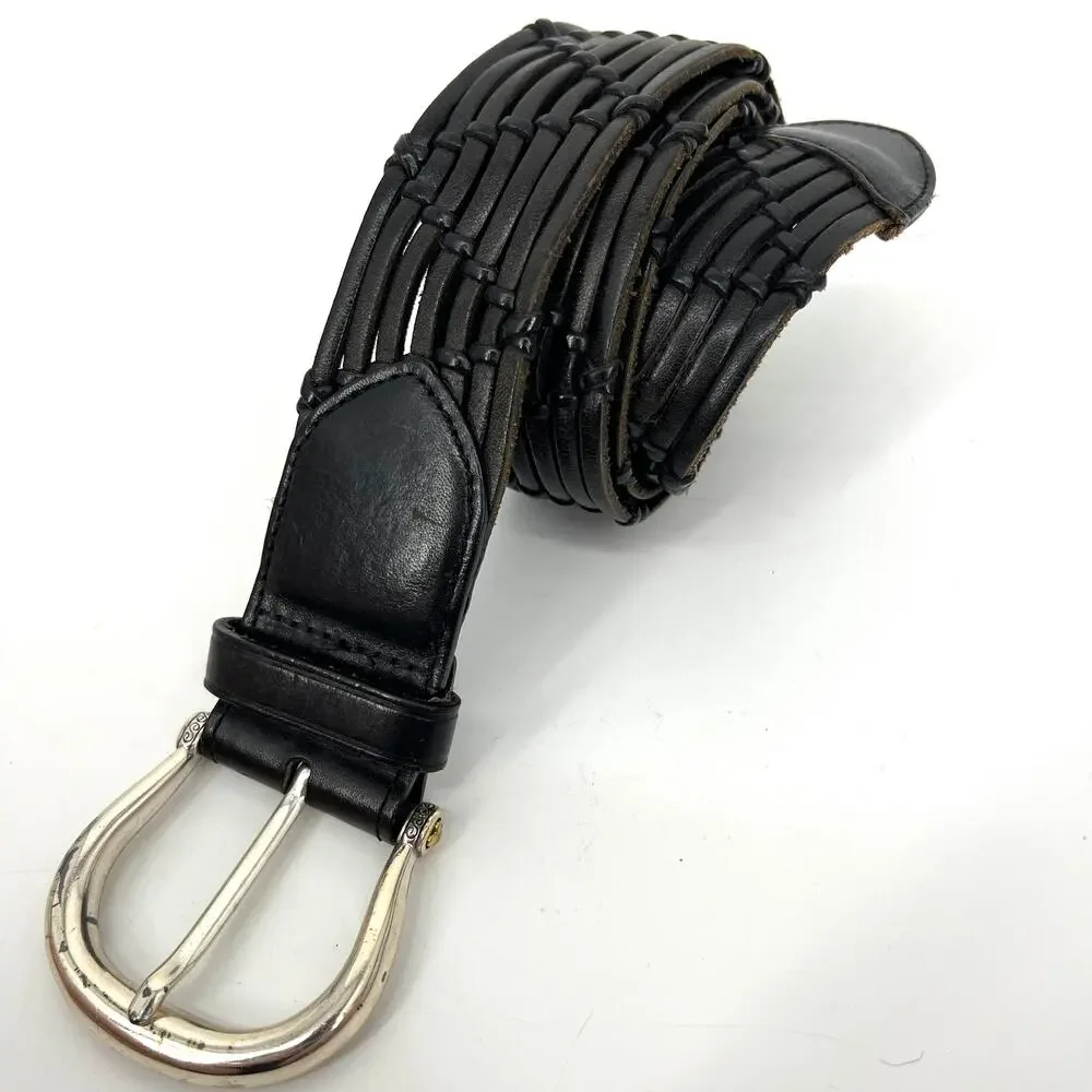 Vintage Brighton Black Leather Woven Belt Silver Buckle Size XL 36